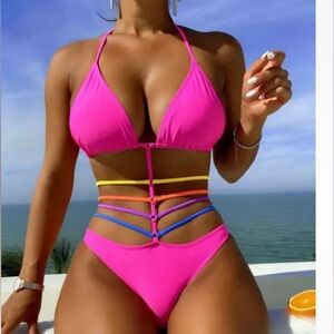 Pink Rainbow Strappy One Piece Swimsuit